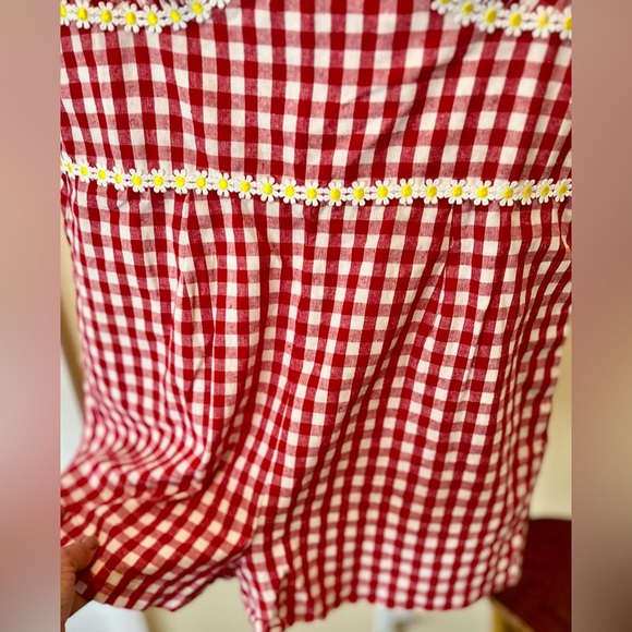 Romper Unique Vintage Shorts Red White Gingham Check Daisy Trim Size L10-12 - Picture 2 of 7